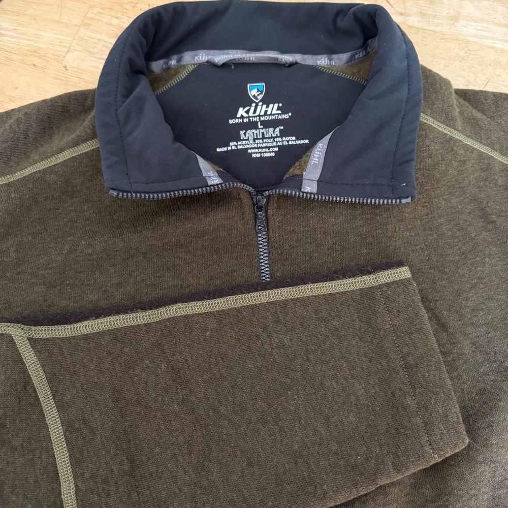 Kuhl Kashmira Mens Large Olive Green 1/4 Zip Fleece Pullover Sweater RN 108846 - Picture 1 of 16